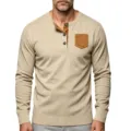 Camisa Henley de manga larga de canalé para hombre con bolsillo de contraste beige - Albaricoque