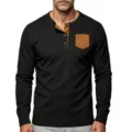 Hombre Manga Larga Henley Camisa Bolsillo Contraste Acanalado Tejido Casual Top - S / Tops / Negro