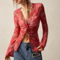 Chemisier slim en mesh floral retro pour femme haut manche longue pour vacances et travail. - S / Hauts / Rouge