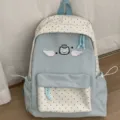 Zaino stile coreano simpatico gatto con ali in azzurro e bianco a pois, grande borsa da scuola. - Borsa Singola Senza Accessori / Blu