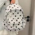 Korean style polka dot lightweight school backpack with cute pearl bow detail for daily use. - Pearl Lace Bow / Silver