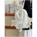 Zaino bianco in stile coreano con dolce fiocco ricamato blu e tasca con volant per ragazze. - Grande Pacchetto Singolo Senza Accessori / Bianco