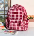 Red plaid school backpack, Japanese style vintage casual large capacity student campus bag. - Single Bag / Red