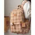 Vintage plaid school backpack for women, Japanese style large capacity casual bookbag. - Toast Badge & Biscuit Earphone Case Set / Khaki