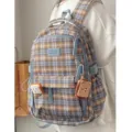 Vintage plaid school backpack for women, retro tartan casual daypack with cute toast charms. - Toast Badge & Biscuit Earphone Case Set / Light Blue