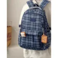 Blue plaid school backpack with cute toast plush pendants for students large capacity - Toast Badge & Biscuit Earphone Case Set / Dark Blue