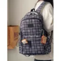 Retro plaid backpack for women, large capacity Japanese style school bag in black and grey. - Toast Badge & Biscuit Earphone Case Set / Black