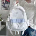 Zaino stile coreano in grigio chiaro melange con tasca a righe blu. Perfetto per la scuola. - Borsa Singola Grande / Grigio chiaro