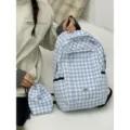 Zaino in tela a quadri blu stile coreano da donna, grande borsa scolastica alla moda. - Blu Singolo + Borsa con Coulisse