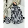 Zaino in tela a quadri bianco e nero in stile coreano con custodia coordinata per scuola. - Nero + Borsa con Coulisse