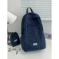 Zaino in tela a quadri blu borsa scolastica stile college elegante per donne uso quotidiano - Blu Scuro + Borsa con Coulisse