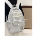 Zaino grigio a pois in stile coreano per studenti con un simpatico ciondolo orsetto e righe. - Borsa Singola a Pois / Grigio