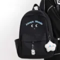 Korean style cute black canvas backpack with letter embroidery and lovely pendants for women. - With Moon Charm / Black