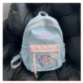 Joli sac à dos scolaire en toile bleu clair rose avec fenêtre transparente broderie nœud style - Sac Seul Sans Accessoires / S / Bleu
