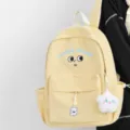 Cute yellow canvas school backpack with embroidery cute face design and stylish daily use bags - With Moon Charm / Yellow