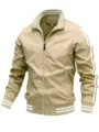 Men's casual stand collar zip-up jacket details, khaki coat with white stripe accents. - S / Tops / Khaki