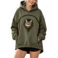 Detail view of the green pet pouch hoodie with a cute cat peeking out from the front window. - S / Tops / Army Green
