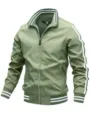 Green men's casual jacket detail, stand-up collar with white stripes, zipper front - S / Tops / Bean Green