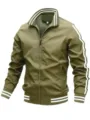 Men's olive green sports jacket detail showing double white stripes, stand collar, and zipper. - S / Tops / Army Green