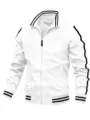 Men's white track jacket with black stripes, stand collar, and full zip front closure. - S / Tops / White