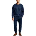 Close-up details of the dark blue fleece crewneck sweatshirt and matching sweatpants set. - Navy Blue