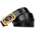 Herren Luxus Automatik Schnalle Ledergürtel mit Krokodil Muster für Business Freizeit. - 110cm / Schwarz mit Goldener Schnalle