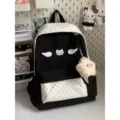 Cute black white polka dot canvas backpack student school bag with cat wings charm - Siamese Star Style / Black