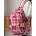 Retro Plaid School Backpack Large Capacity Student Bookbag Kawaii Cute Travel Daypack - Toast Badge & Biscuit Earphone Case Set / Red