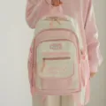 Zaino scolastico rosa e bianco con stampa a stelle, borsa casual in stile giapponese. - Rosa