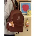 Cute brown canvas backpack with dog embroidery, casual school bookbag for teen girls and students. - With Squishy Toy / L / Brown
