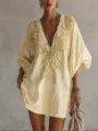 Baumwolle Leinen Minikleid V-Ausschnitt besticktes Boho Tunika Sommer Strandkleidung für Damen - S / Kleider / Gelb