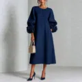 Elegante vestido midi de lino francés con mangas de linterna y flores 3D para mujer chic - XS / Vestidos / Azul marino