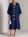 Women long navy blue knit dress large gold buttons lantern sleeves elegant daily wear - S / Dresses / Blue