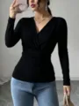 Elegant French cross V-neck ruched waist long sleeve black slim fit T-shirt for women. - S / Tops / Black