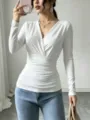 White French crossover V-neck long sleeve slim fit pleated top for women fall winter. - S / Tops / White