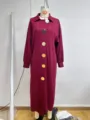 Women's long sleeve knitted maxi dress featuring large metallic buttons and a chic lapel. - S / Dresses / Burgundy