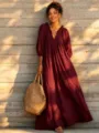 Boho V-neck long sleeve maxi dress for women vacation casual chic apparel style outfit - XS / Dresses / Burgundy
