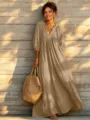 Boho long sleeve V-neck maxi dress, casual resort style lantern sleeve cover-up for women. - XS / Dresses / Khaki