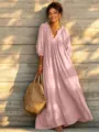 Pink bohemian maxi dress for women, casual V-neck long lantern sleeve holiday beach long gown. - XS / Dresses / Pink