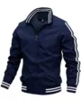 Men's blue casual sports jacket with double white stripes stand collar zip up coat - Navy Blue