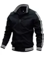 Men's casual sport jacket with double white stripes on collar, sleeves, and hem. Full zip closure. - Black