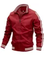 Men's red stand-up collar zip sports jacket with white dual stripes detail closeup view. - Burgundy