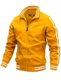 Close-up detail of the yellow sports jacket featuring a stylish stand collar and white stripe sleeves. - Yellow