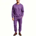 Men's solid fleece crewneck sweatshirt and sweatpants 2-piece tracksuit set for casual wear. - Purple