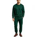 Men's dark green fleece crewneck sweatshirt and sweatpants detail view of athletic suit - Dark Green