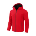 Men's windproof hooded jacket detail view, showing red fabric, black zipper and hood. - S / Tops / Red