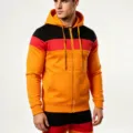 Men colorblock zip up hoodie and pants set, warm fleece winter casual athletic activewear. - Yellow