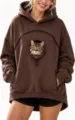 Women Brown Cat Carrier Hoodie Pet Pouch Long Sleeve Sweatshirt Casual Pocket Pullover - Coffee