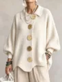 Chic oversized knit cardigan with large gold buttons and lapel collar for women. - S / Tops / Off White