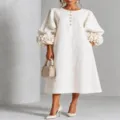 Elegante vestido midi blanco con mangas de linterna florales, mezcla de lino y botones. - XS / Vestidos / Blanco